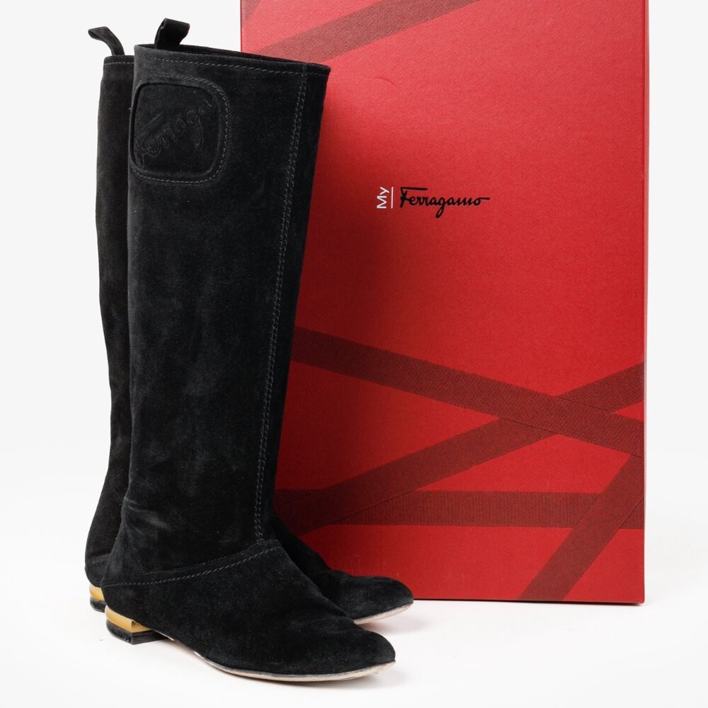 Salvatore Ferragamo Black My Sweet Suede Flat High Boots